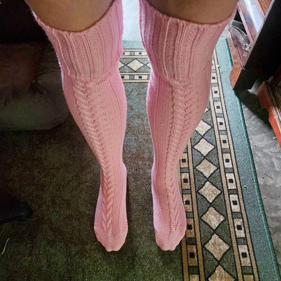 Cable Knit Thigh High Sweater Socks Pink Black Charcoal Gray Long Length NEW - Picture 5 of 7